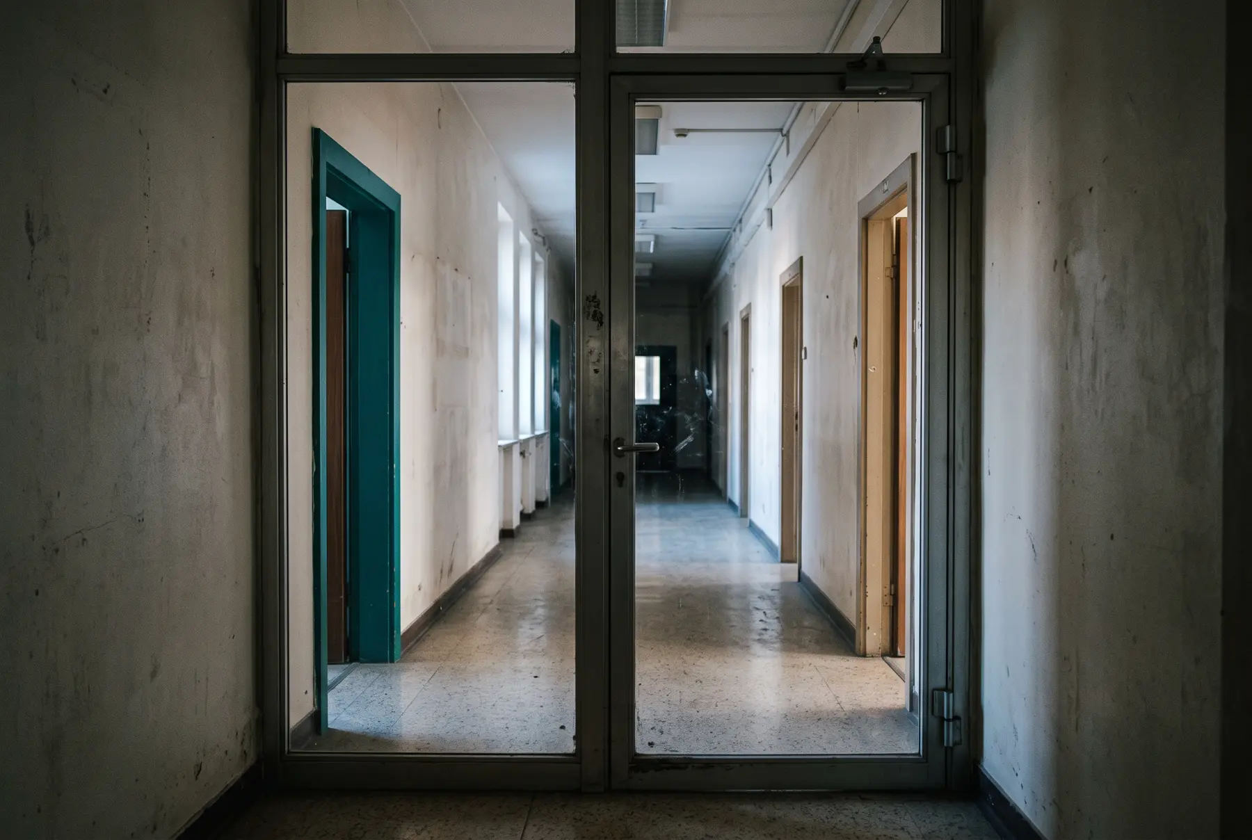 An empty institutional corridor at dusk, seen through a plain glass door