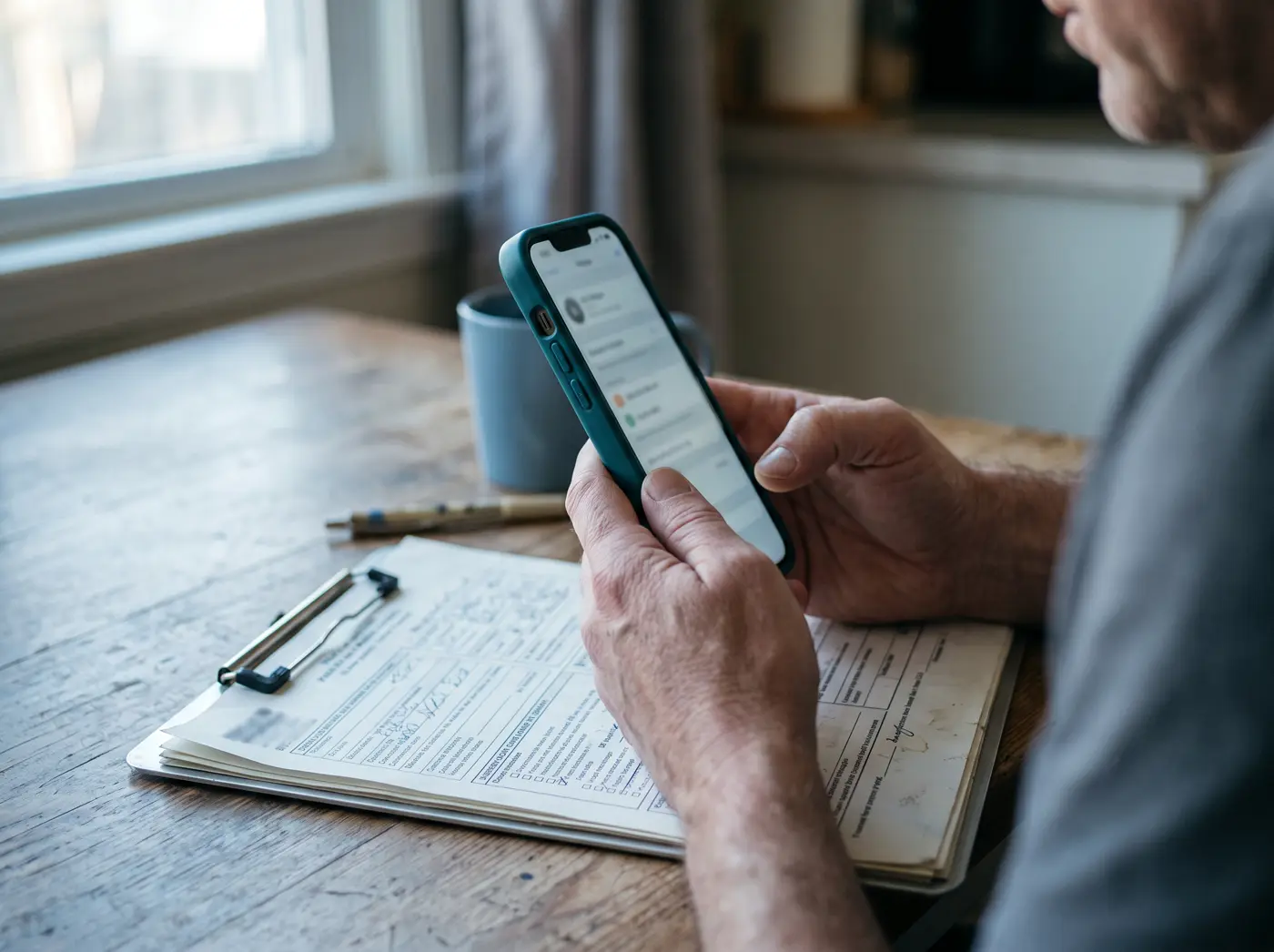 A person holding a phone above a clipboard of printed forms